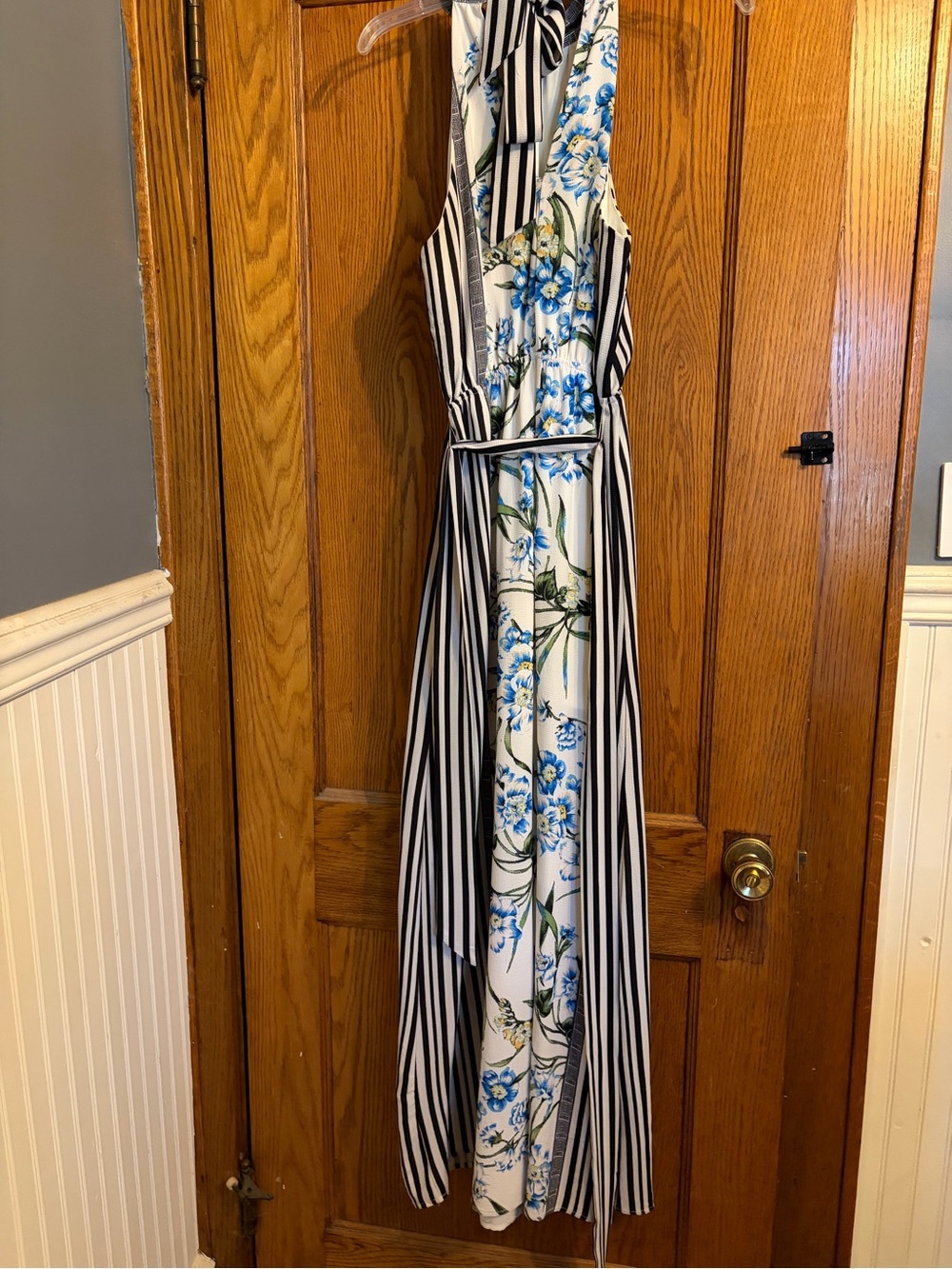 Jealous Tomato White Maxi Dress with Blue Floral & Black Stripes